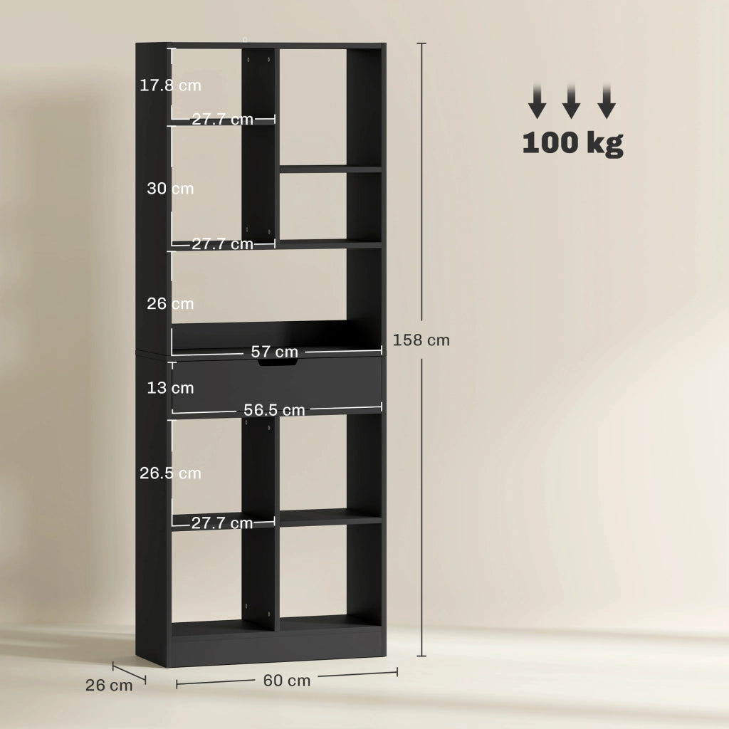 Libreria in Legno Moderna con Cassetto e Ripiani ¨C Zephmum ¨C 60x26x158 cm Nero