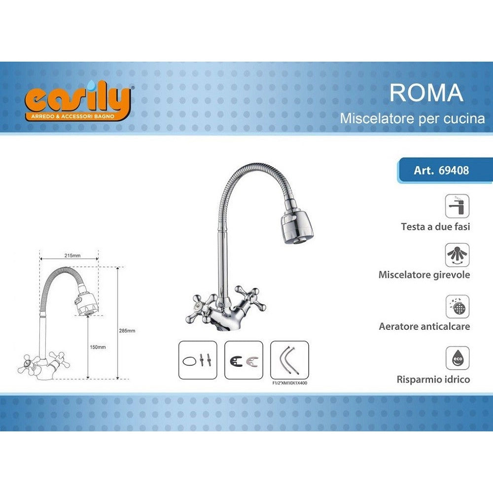 Trade Shop - Miscelatore Rubinetto Flessibile Manopole Croce Cucina Lavello Ottone Roma 69408 -