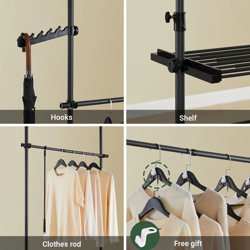 SoBuy FRG34-II-SCH, Telescopic Appendiabiti da Terra, Robusto Stand Appendiabiti con Aste e Ripiani, Armadio Aperto Regolabile per Camera da Letto, Porta Abiti Nero