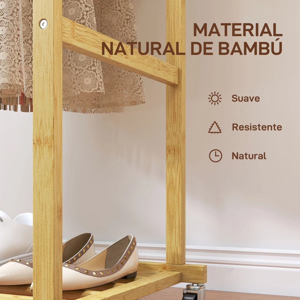 Appendiabiti con Ruote in Legno Bamb¨´ ¨C Xylo ¨C Scarpiera 2 Barre 80x40x160cm Naturale