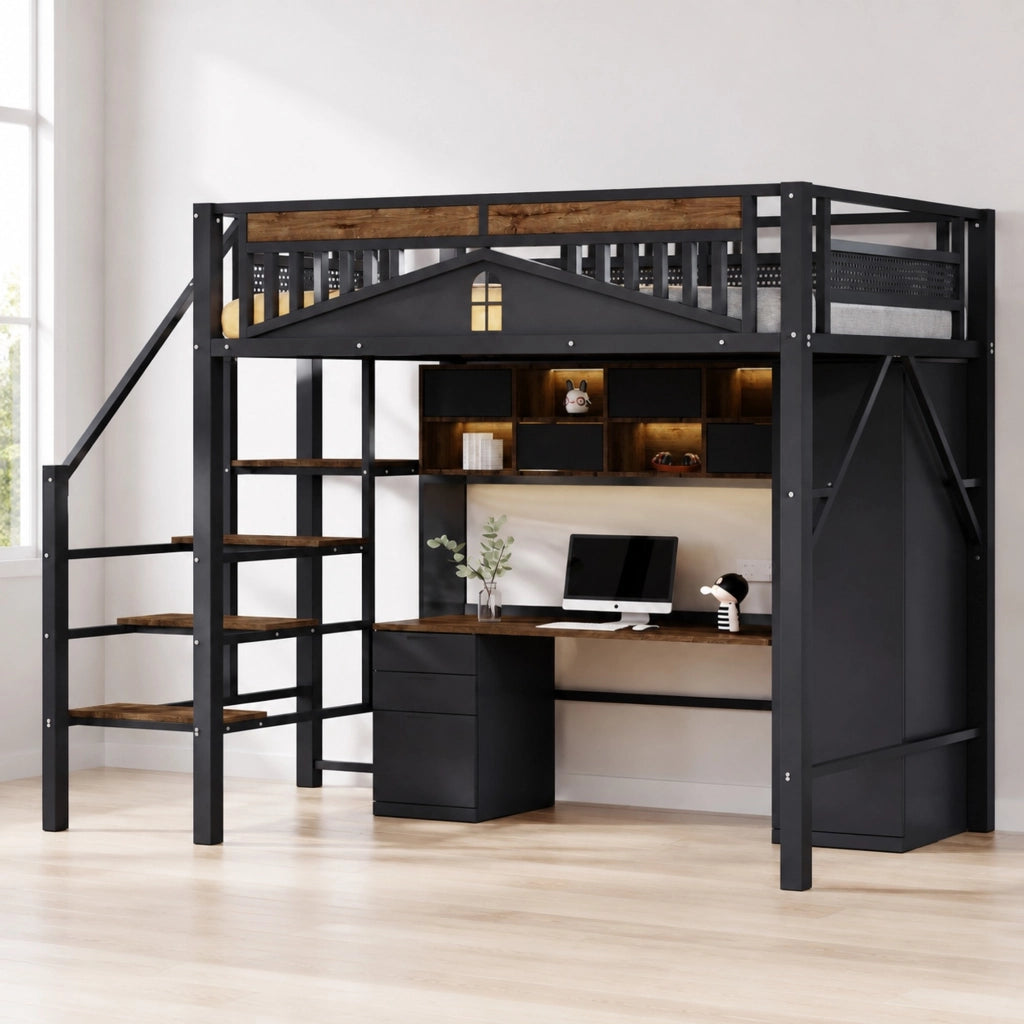 Letto a soppalco in metallo 140 x 200 cm con scala laterale, design finestra, nero