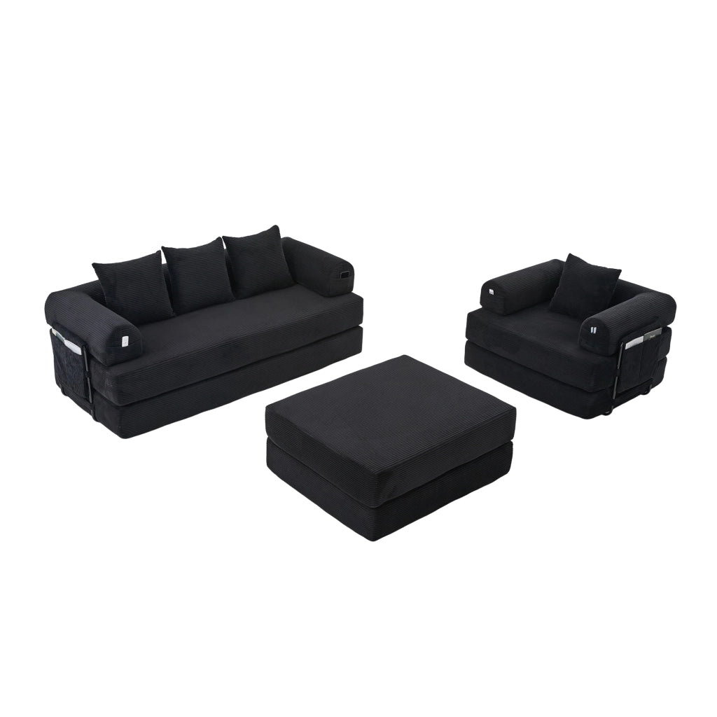 Divano modulare in corduroy nero con pouf, struttura in metallo, tasca laterale e 3 cuscini