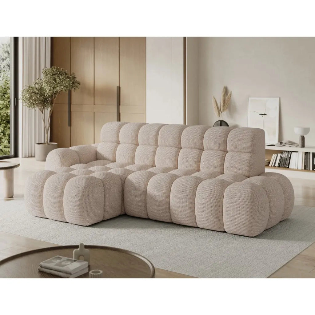 Divano angolare convertibile BULLA 3 posti beige angolo sinistro - tessuto nido d'ape con estensione della seduta elettrica