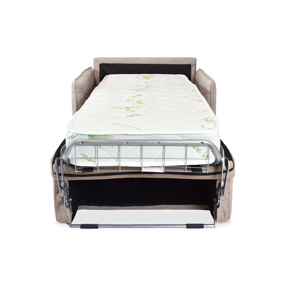 Poltrona letto Piri beige chiaro con rete elettrosaldata e materasso – Il comfort che si apre al bisogno