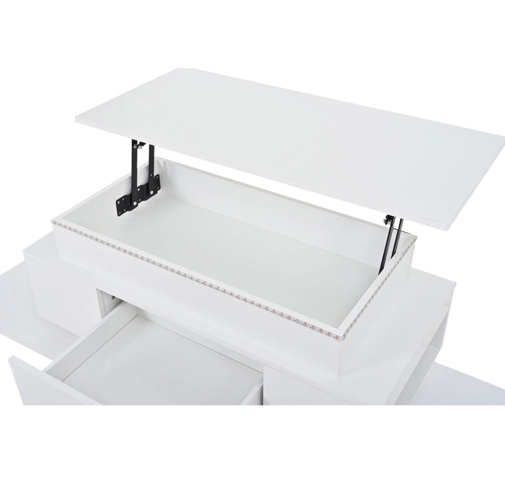 Tavolino da caffè sollevabile 96x45x40 cm con LED; contenitore e cassetto; bianco lucido