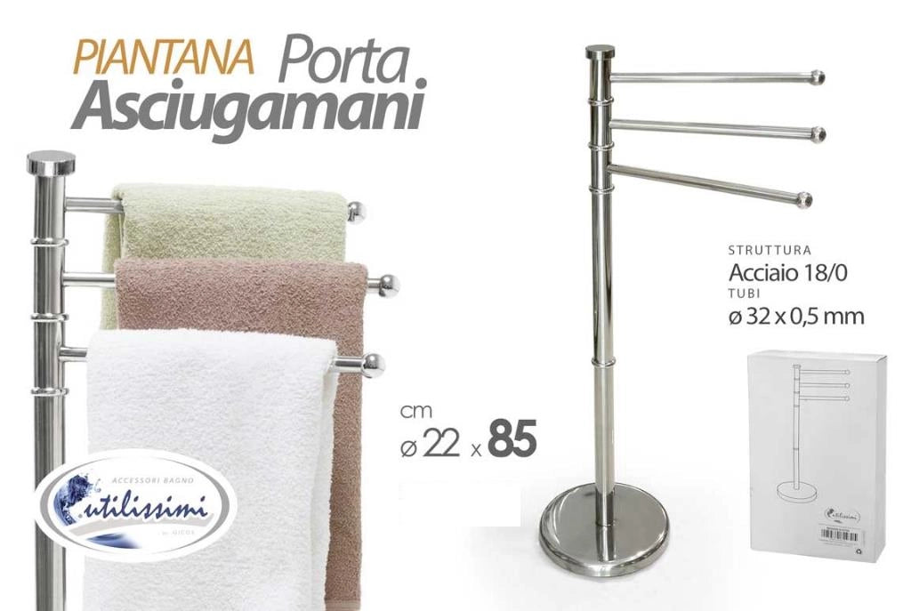 Piantana Portasciugamani a 3 Braccia Girevoli in Acciaio Inox 32 x 85 cm