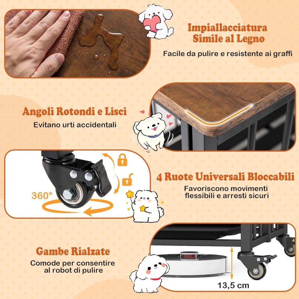 Cuccia Pieghevole per Cani, Casetta Resistente alle Masticazioni con Porta e Ruote Bloccabili per Razze Piccole, Cuccia Decorativo da Interno per Animali Domestici (80 x 61 x 64 cm)