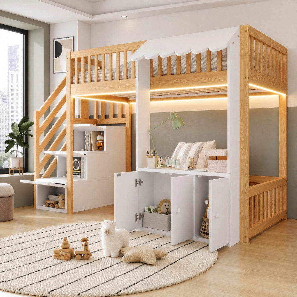 Letto a soppalco 90x200 cm con scala contenitore e luci colorate