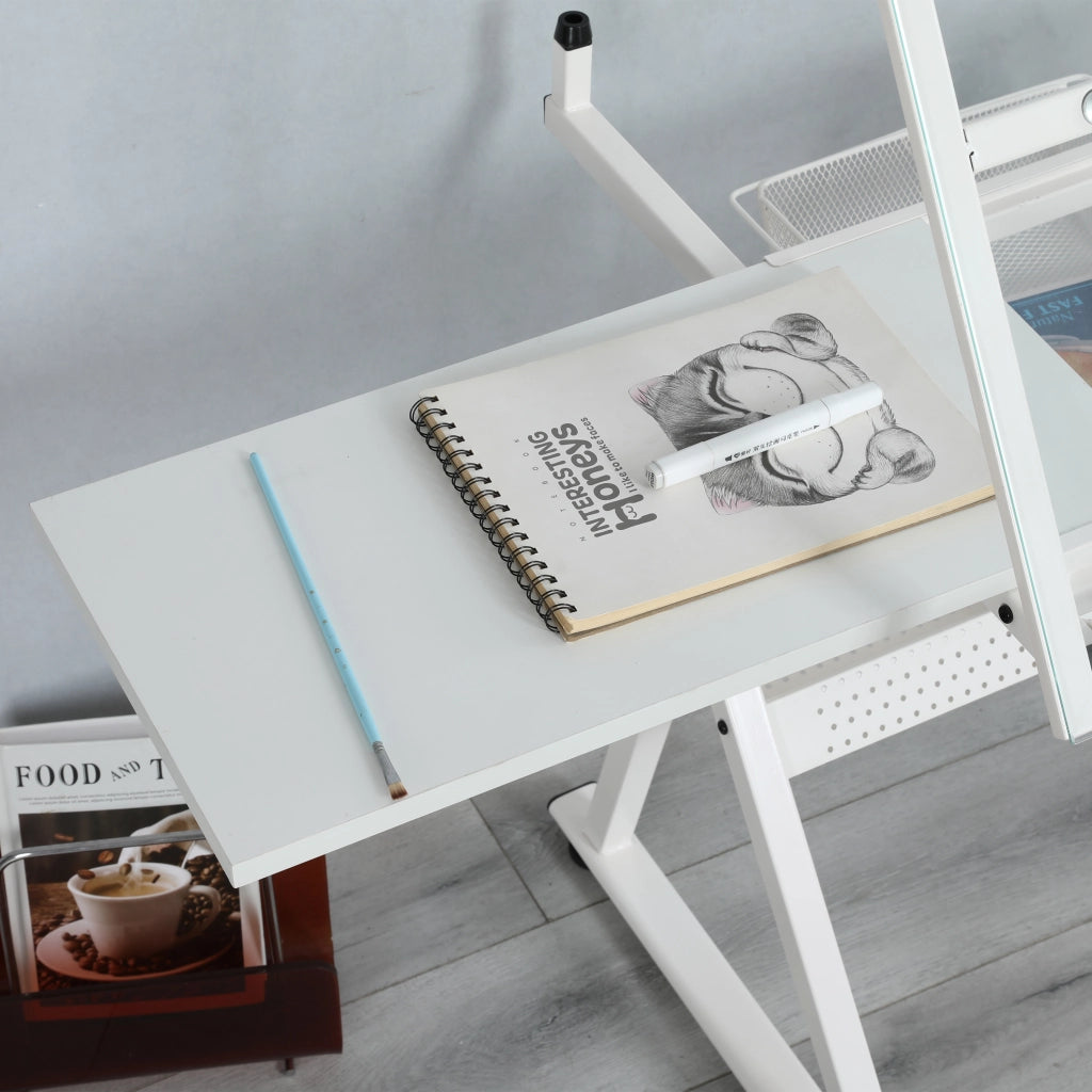 Scrivania lineare regolabile con piano in vetro, vani e cassetti, per ufficio e studio, bianco