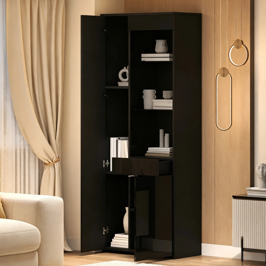 Vetrina alta nera 70x35x180 cm con LED, 2 ante, cassetto e ripiani in vetro