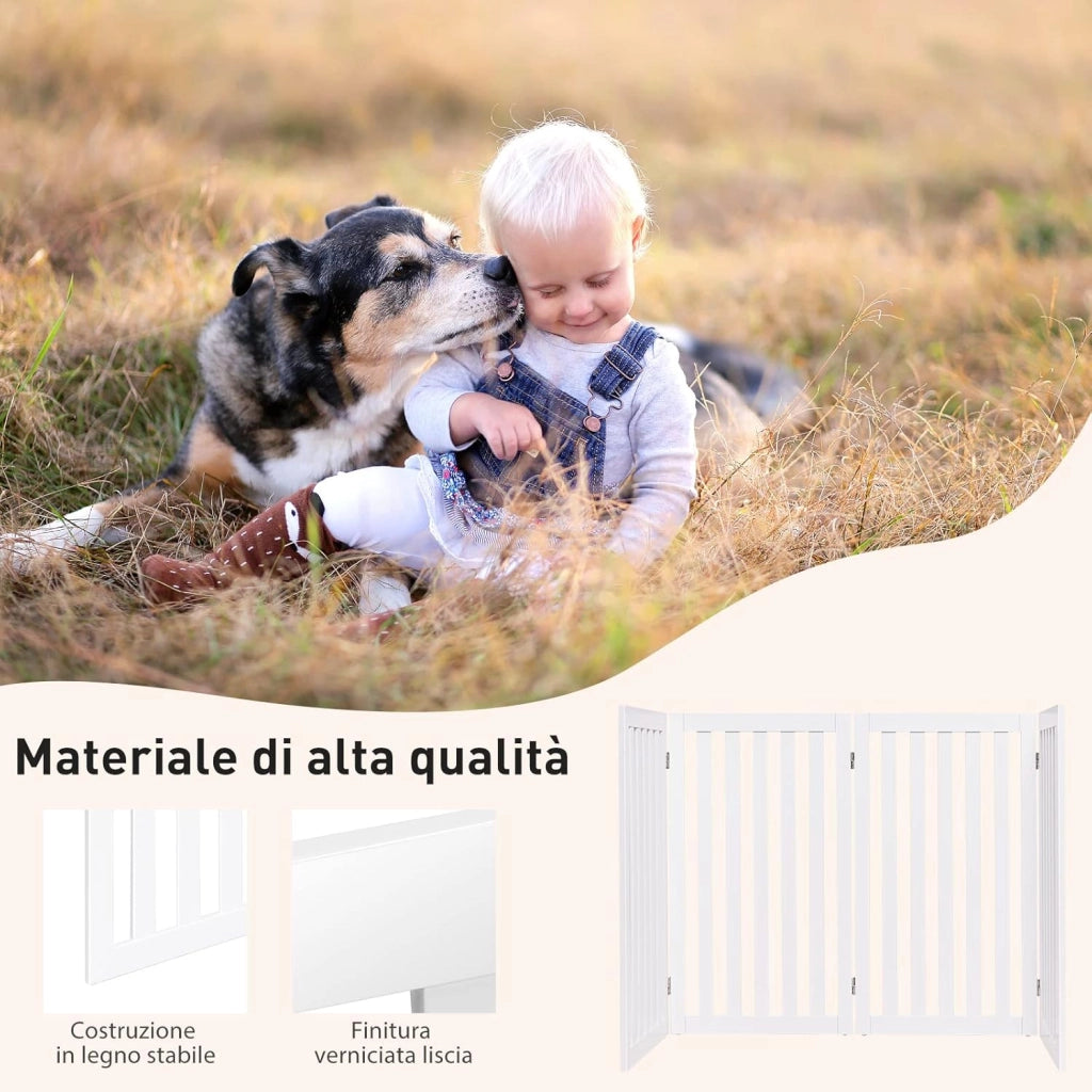 Cancelletto per Cani Pieghevole in Legno con 4 Ante, Ideale per Scale, Soggiorno e Cucina, 89 x 200 cm, Bianco