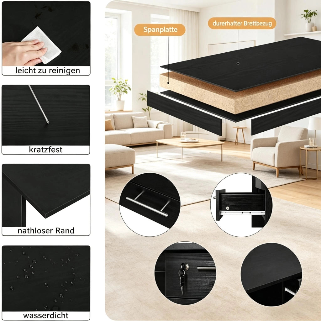 Scrivania lineare con 3 cassetti, serratura e guide silenziose, per ufficio e studio, in legno nero, 120 × 60 × 75 cm
