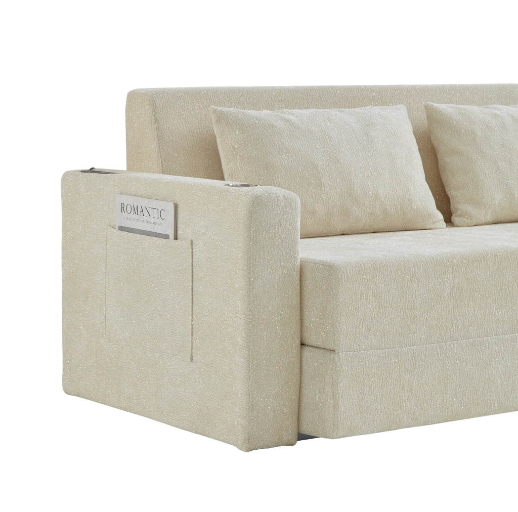 Divano letto 2 posti pieghevole con USB; portabicchieri e tasche laterali; beige