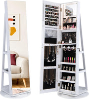 Armadietto per Gioielli Girevole a 360°, con Specchio a Figura Intera Luce a LED a 3 Colori, Specchio Interno per il Trucco con Serratura, 54,5 x 54,5 x 161cm (BIANCO)