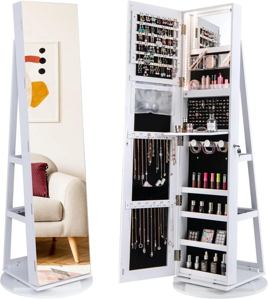 Armadietto per Gioielli Girevole a 360°, con Specchio a Figura Intera Luce a LED a 3 Colori, Specchio Interno per il Trucco con Serratura, 54,5 x 54,5 x 161cm (BIANCO)