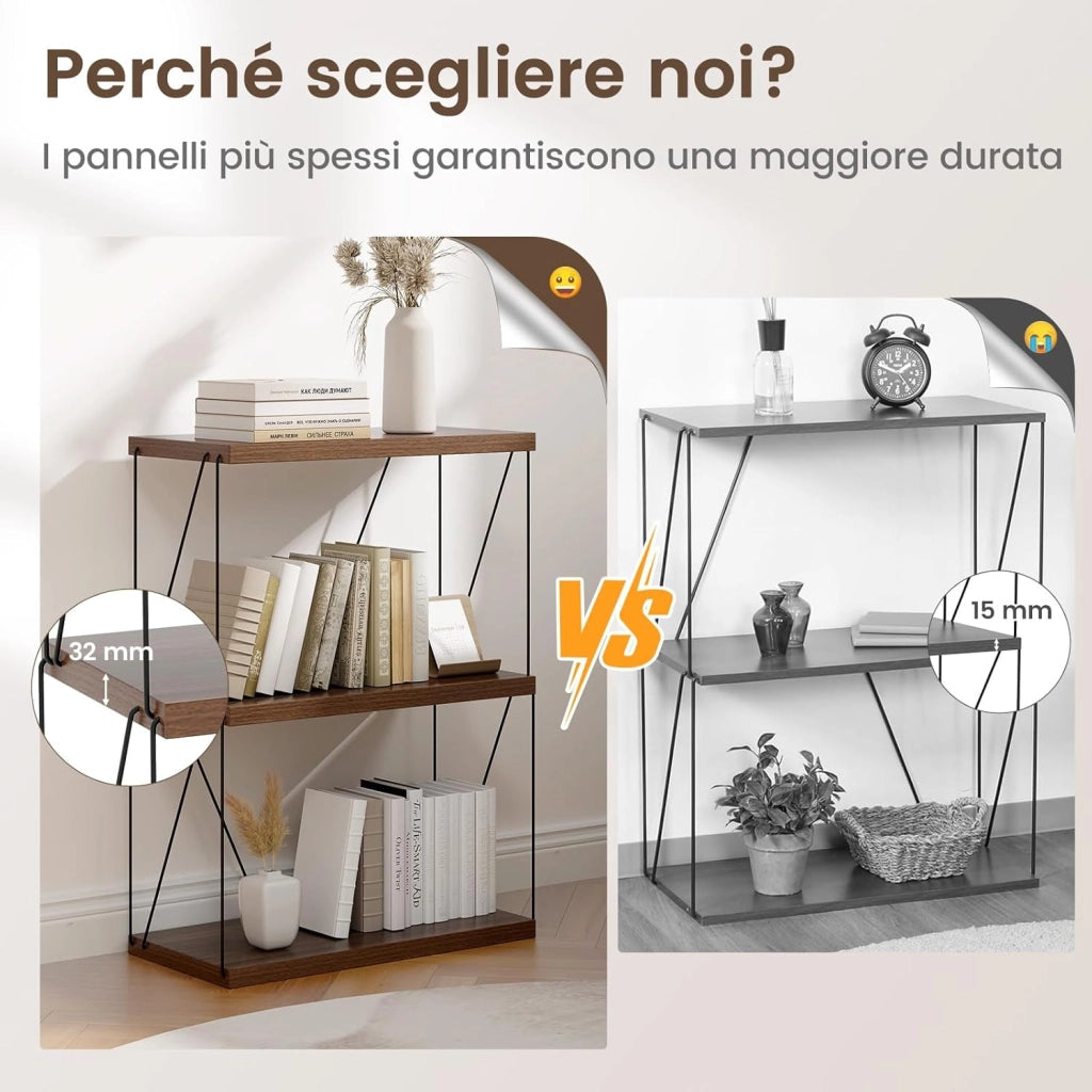 Scaffale Multiuso a 2/3/4/5 Ripiani, Libreria Autoportante con Struttura in Metallo, Stile Industriale, per Camera da Letto, Soggiorno Ufficio Studio (3 Livelli 61x29,5x82cm)