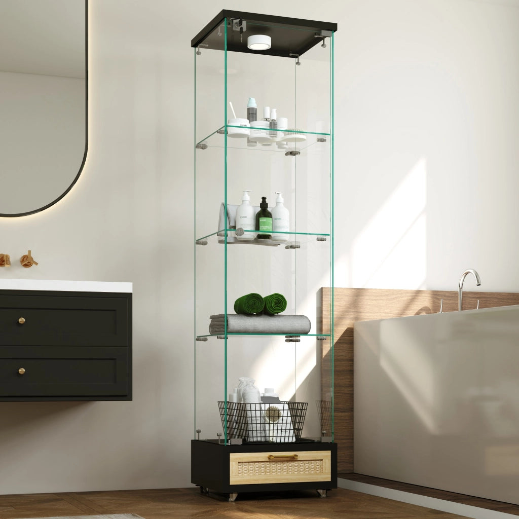 Vetrina con 1 anta; 4 ripiani; cassetti e LED - per soggiorno - 42.5×36.5×167 cm - nero