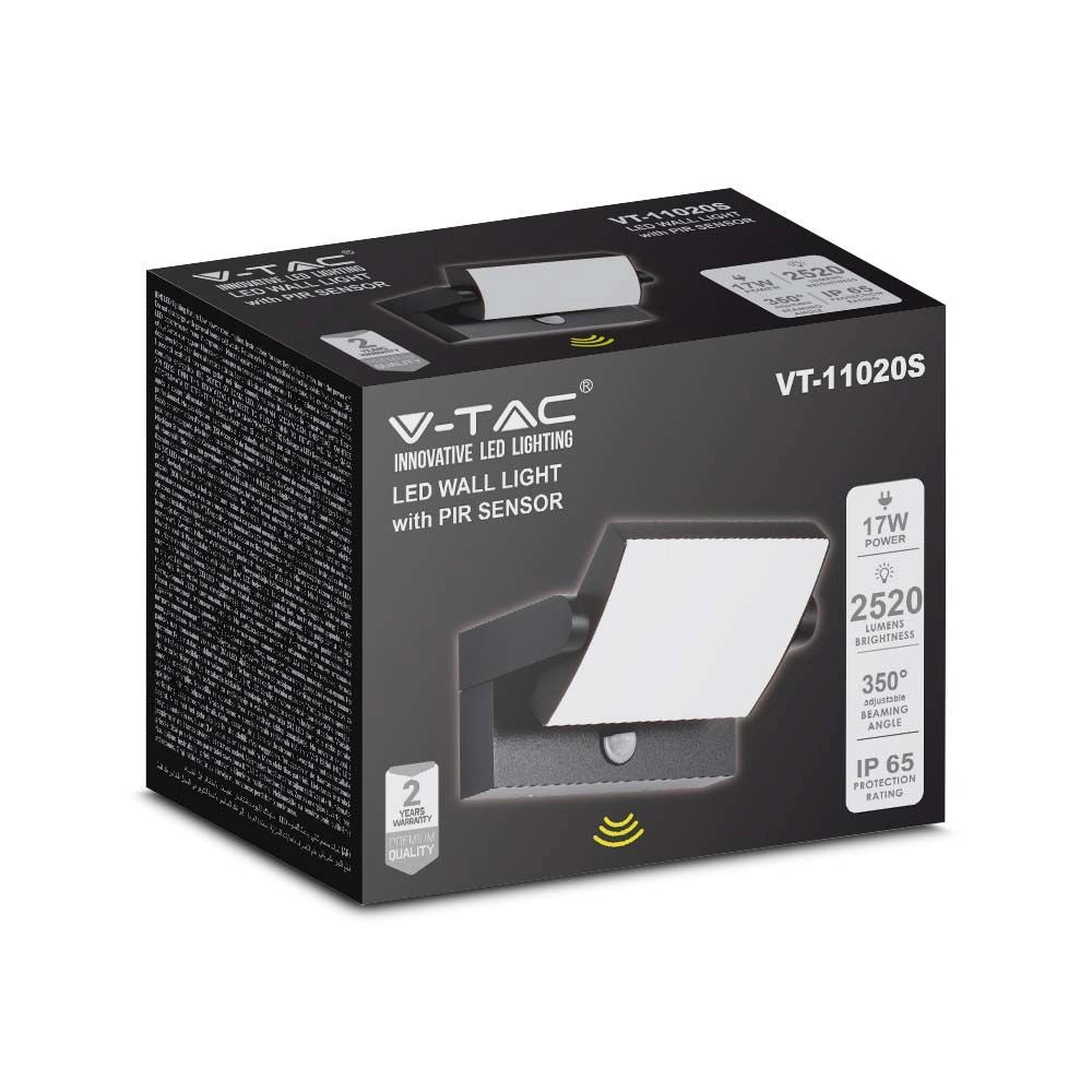 Applique esterna nera PIR LED 3000K 17W IP65 2520lm V-TAC