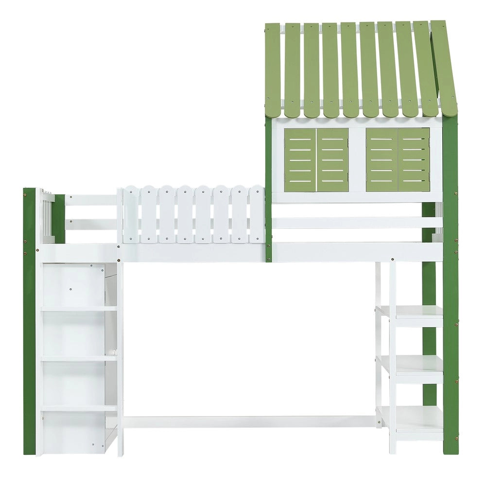 Letto a Soppalco per Bambini con Armadio, Rete a Doghe e Scala ¨C MINIMAL ¨C Pino/MDF, Bianco e Verde, 90x200