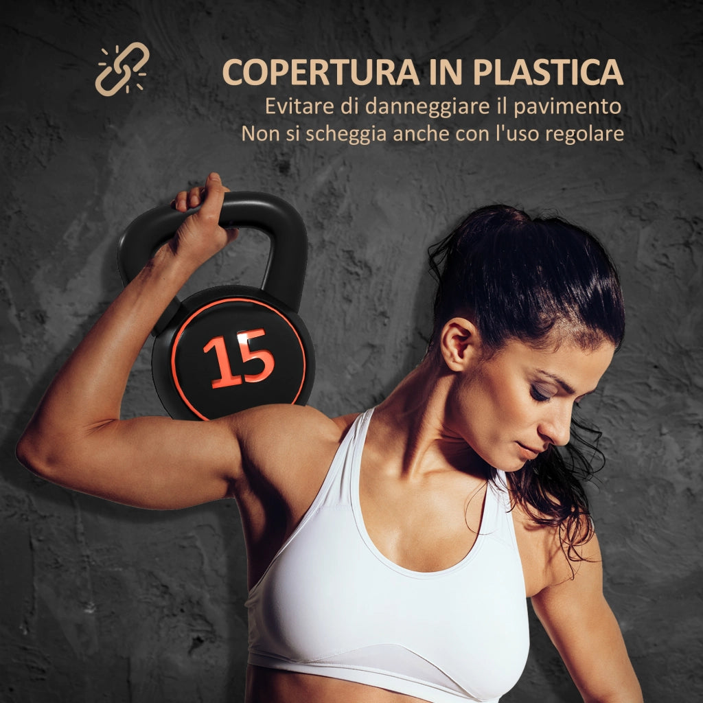 Set 3 Kettlebell da 2.2 kg. 4.5 kg e 6.8 kg con Base Piatta e Portapesi. in Plastica e Sabbia. Nero