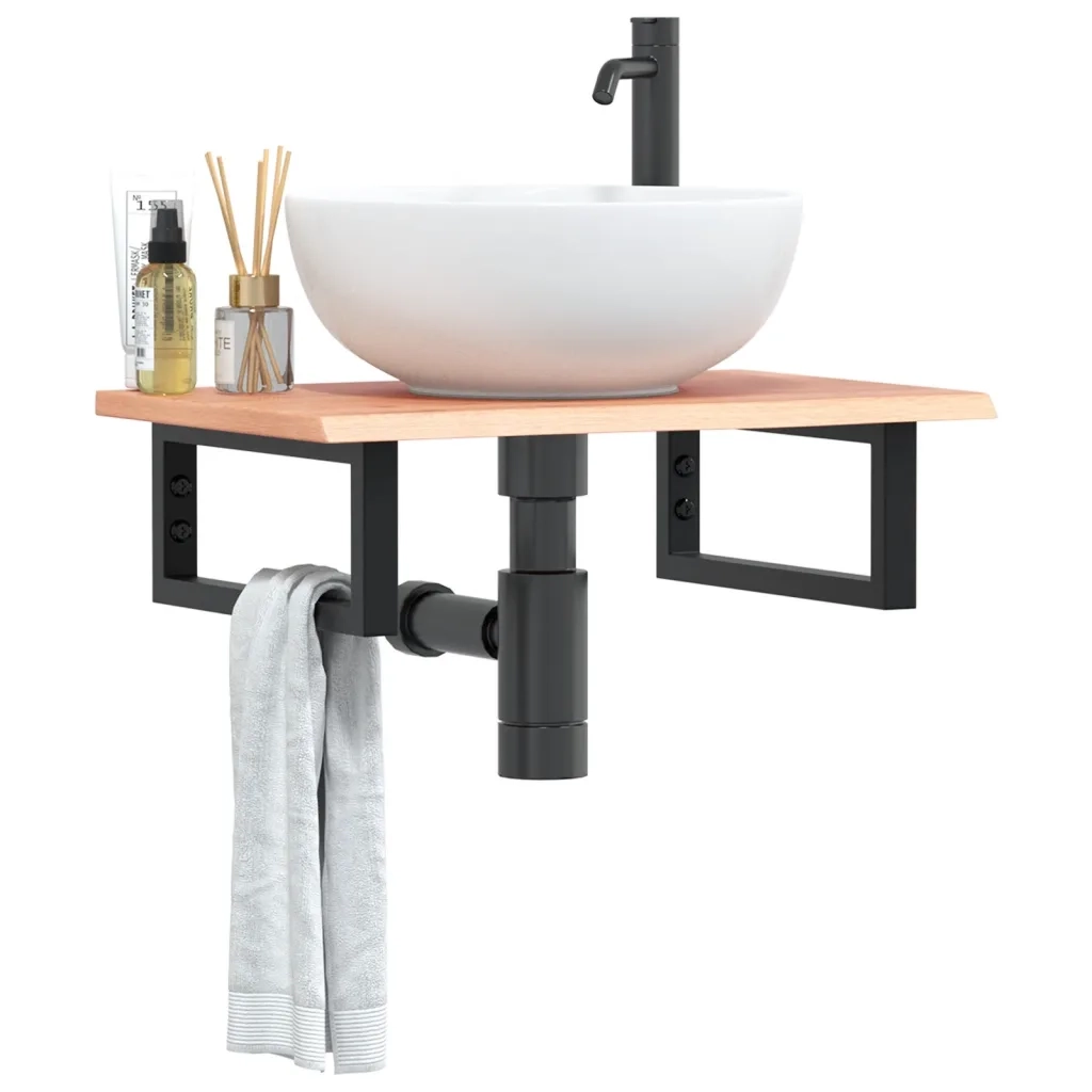 Ripiano a Parete per Lavabo in Acciaio e Massello di Rovere 3302561