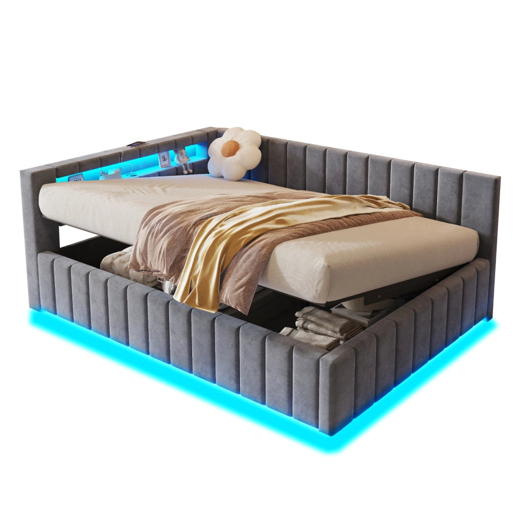 Letto imbottito 140x200 con contenitore idraulico; LED; USB e rete a doghe; grigio