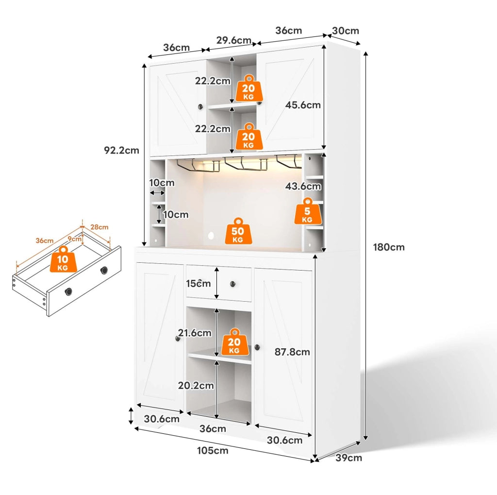 Credenza buffet LED con prese, 105x40x180 cm, bianca