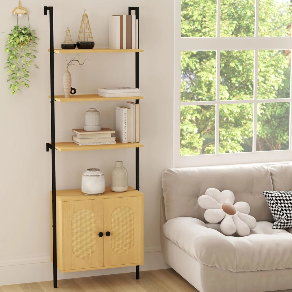 Libreria contro parete, scala con 4 ripiani e armadio con ante in rattan, mensola da parete in metallo e legno, scaffale da parete per scale (60 x 30 x 184 cm)