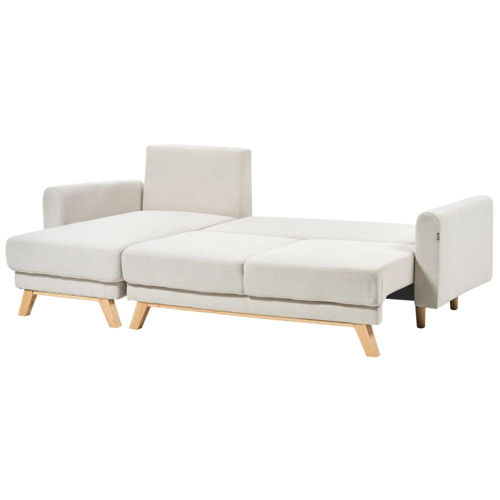 Divano angolare 3 posti destro imbottito in tessuto beige con funzione di dormiente e schienale imbottito estraibile Gambe in legno