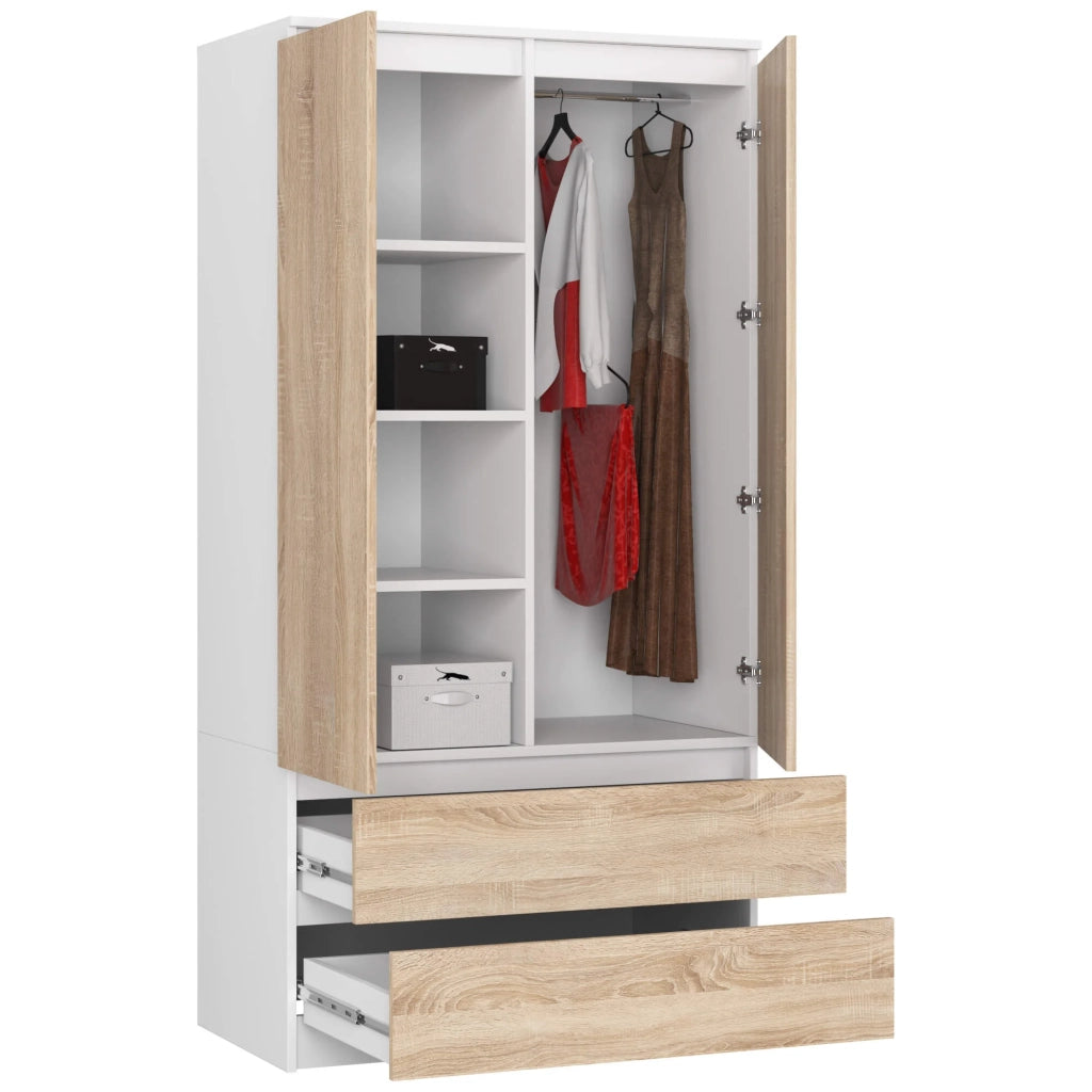 Armadio AKORD S90 Bianca 90 cm 2 ante 2 cassetti inserto frontale Sonoma Quercia 90x51x180 cm