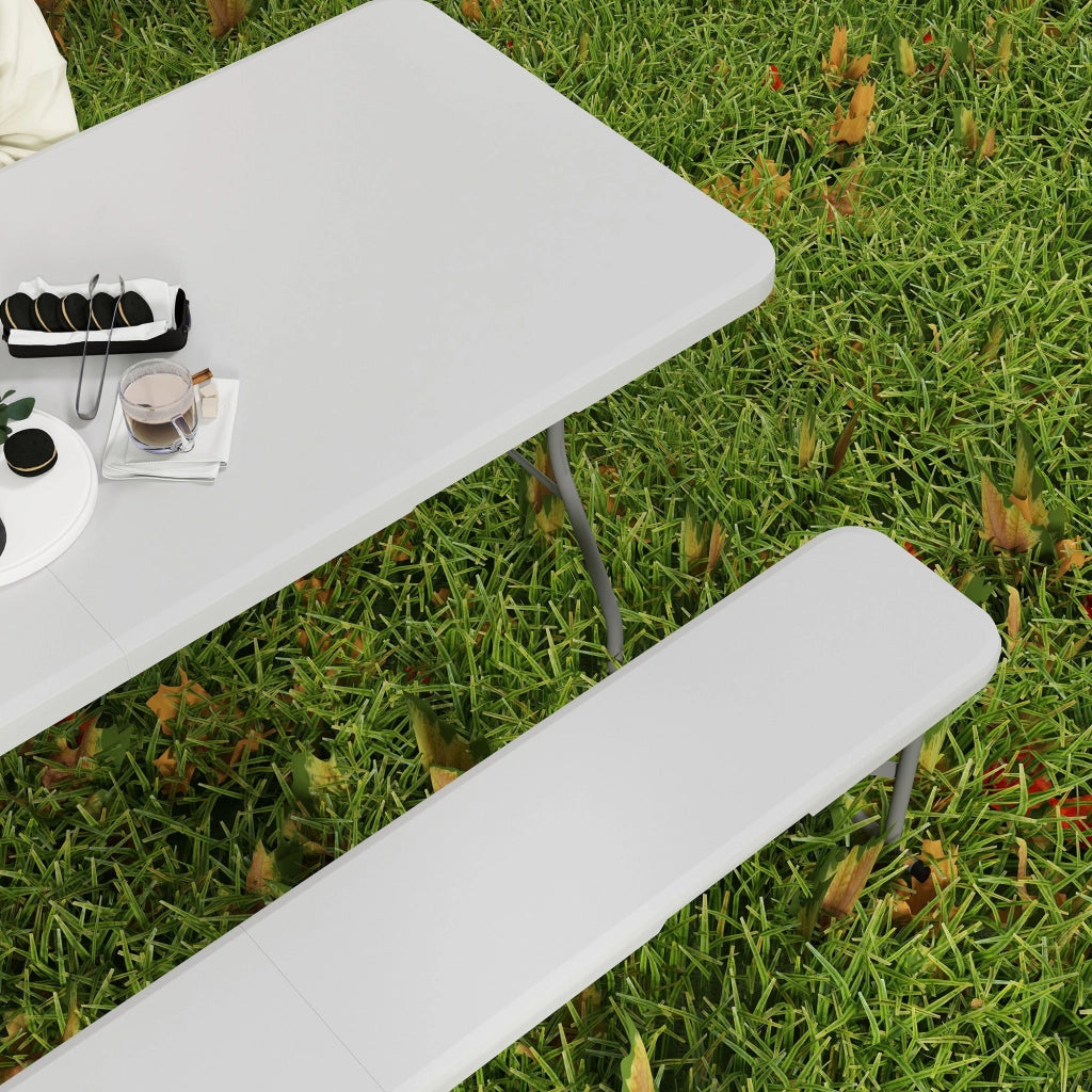 Set da Pic Nic Pieghevole a 3 Pezzi con Tavolo e 2 Panche in HDPE e Metallo Bianco e Grigio Chiaro