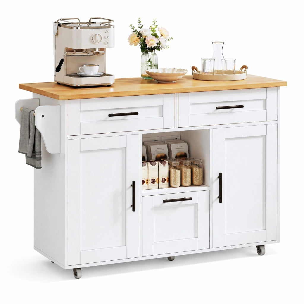 Carrello cucina bianco con ruote girevoli, vassoio pieghevole, cassetti e ripiani regolabili 120x46/71x90 cm