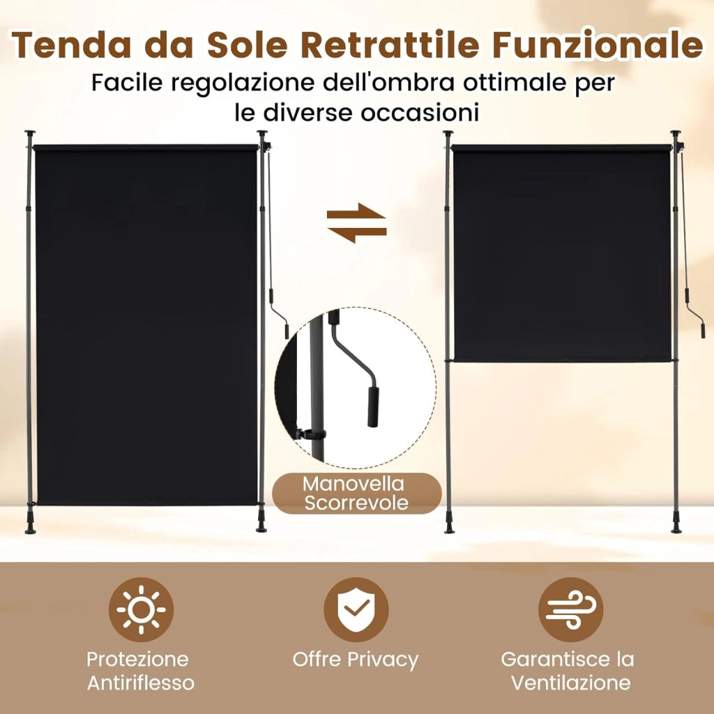 Tenda da Sole Verticale 150/200/250 cm, Tenda da Sole per Esterno Regolabile in Altezza con Manovella senza Foratura, Schermo per Privacy per Balcone, Piscina e Giardino (150 cm)