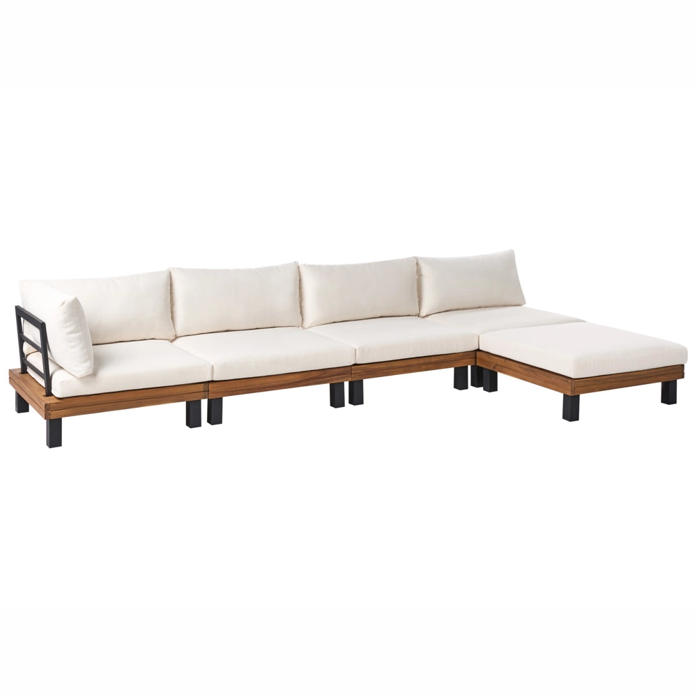 Set divano angolare modulare da giardino Tavolino in legno di acacia certificato con Cuscini in poliestere bianco sporco
