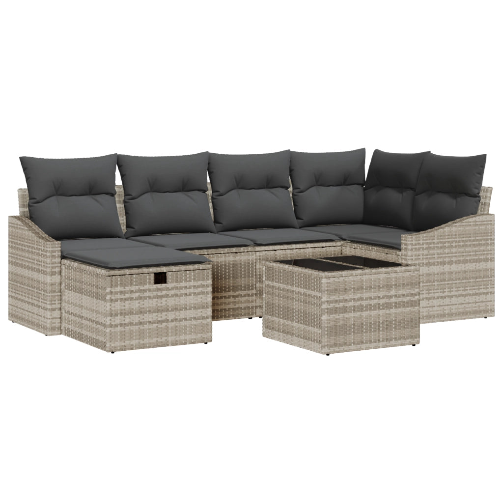 Set di divani da giardino in 7 pezzi con cuscini grigio chiaro in rattan polimero