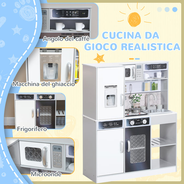 Set Cucina Giocattolo in Legno con Fornello con Luci e Suoni, Lavello con Circolo d'Acqua e Accessori, Bianco
