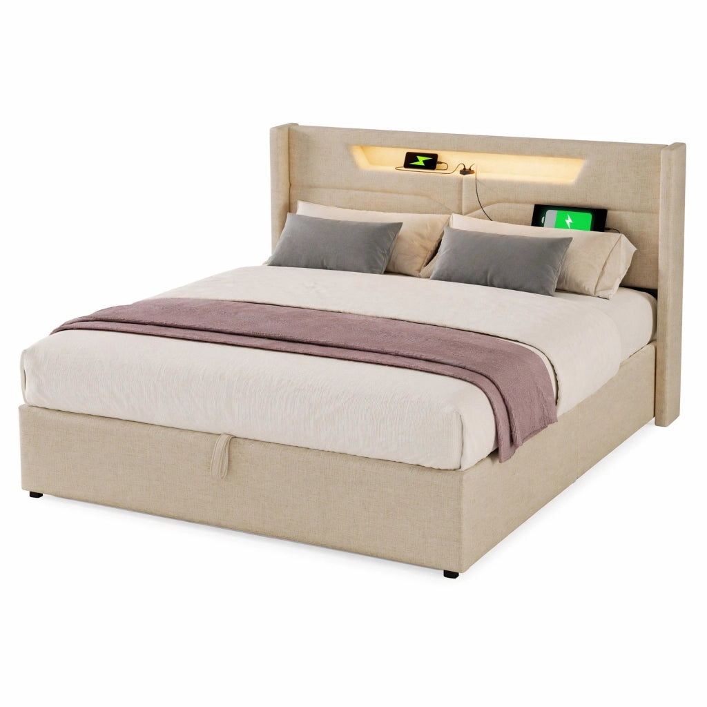 Letto matrimoniale 140x200 in lino beige con LED, USB e Type-C, contenitore sollevabile, senza materasso