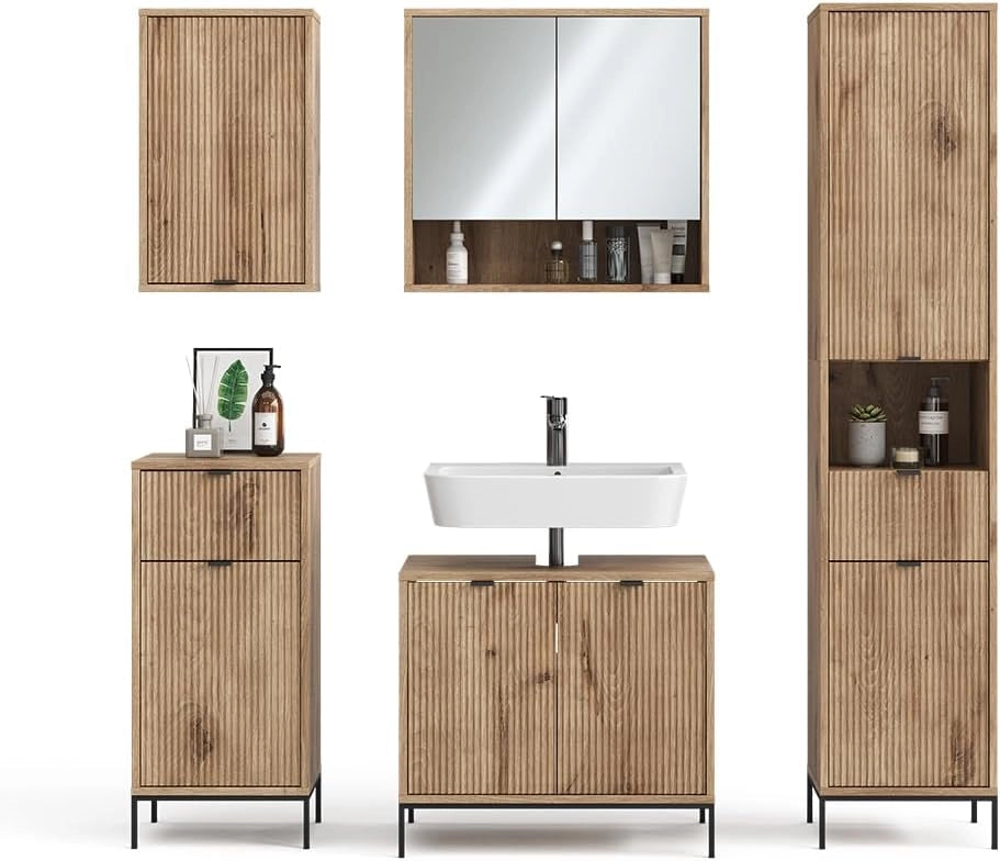 Set di mobili da bagno Eliza, Quercia vichinga, 70 cm, composto da mobile sottolavabo, specchiera, colonna, base media e pensile