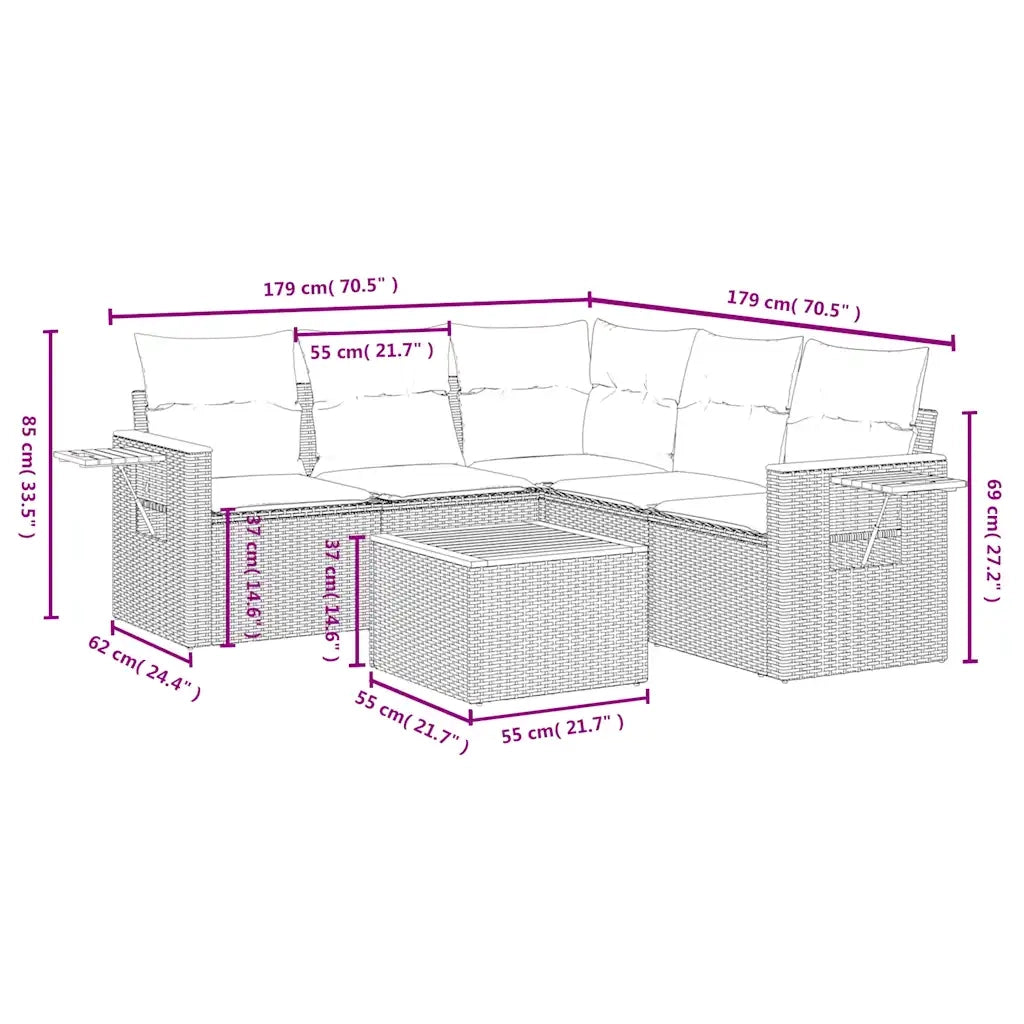Set Divani da Giardino 6 pz con Cuscini Nero in Polyrattan