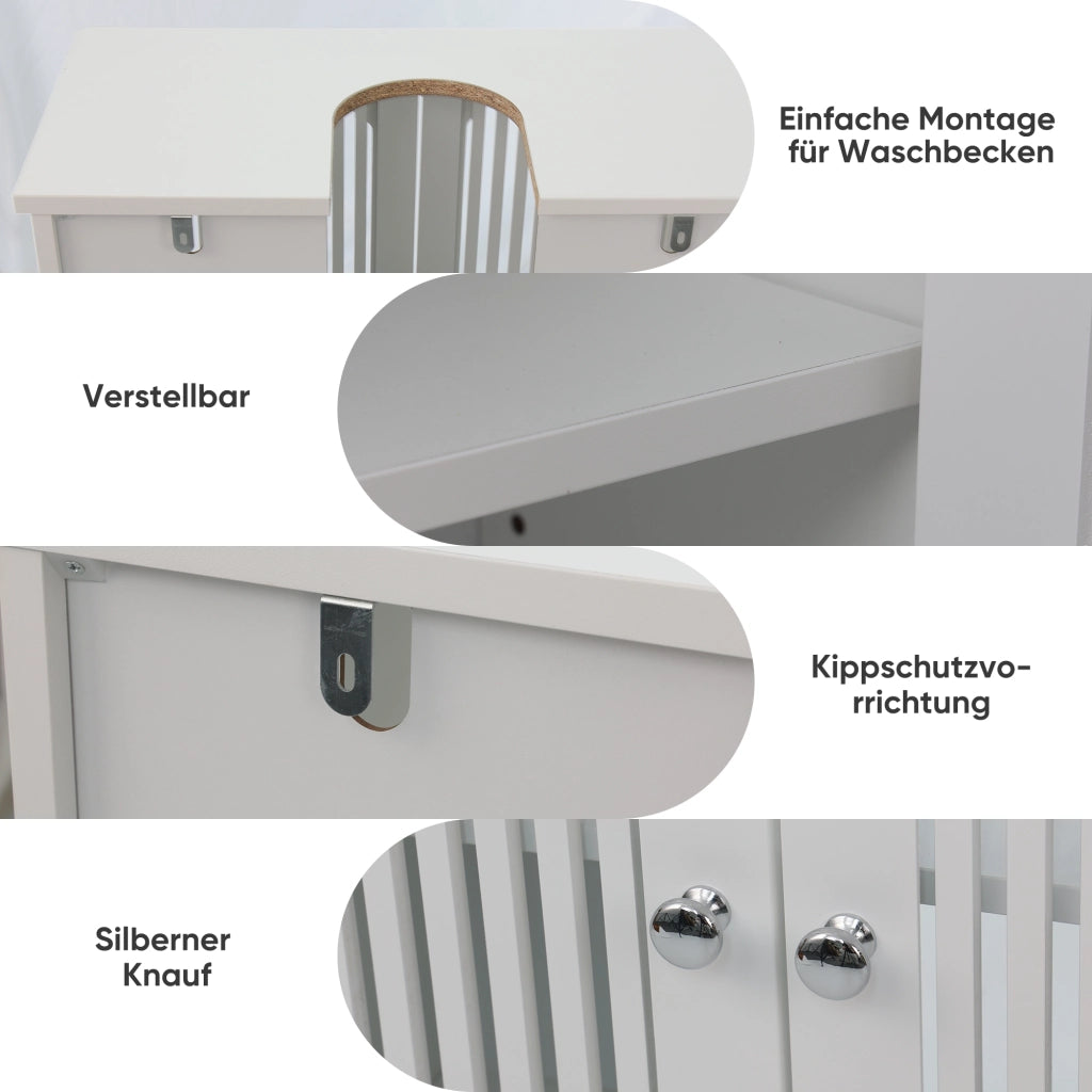 Mobile sottolavabo con 2 ante a lamelle e ripiano, in truciolato, per bagno e lavanderia, bianco, 70 × 35,3 × 14,5 cm