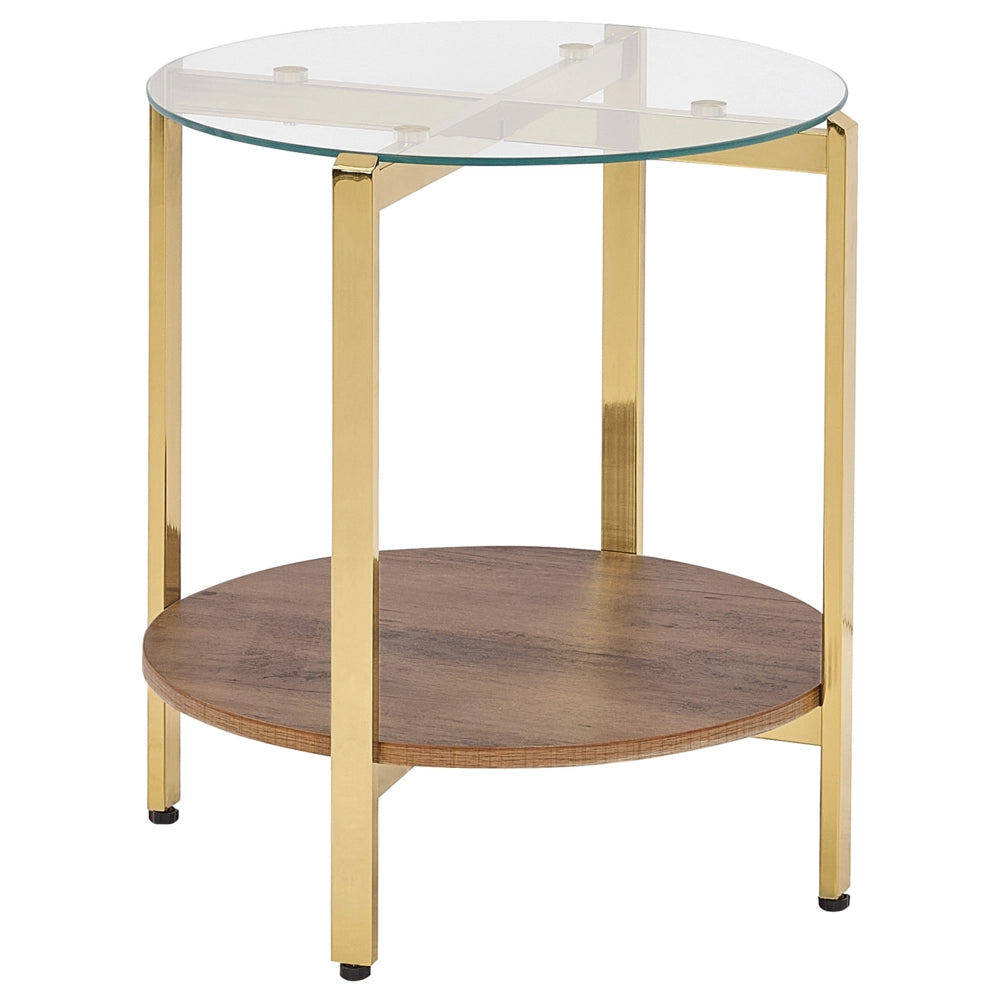 Tavolino moderno piano in vetro temperato con 1 ripiano legno scuro e oro stile moderno