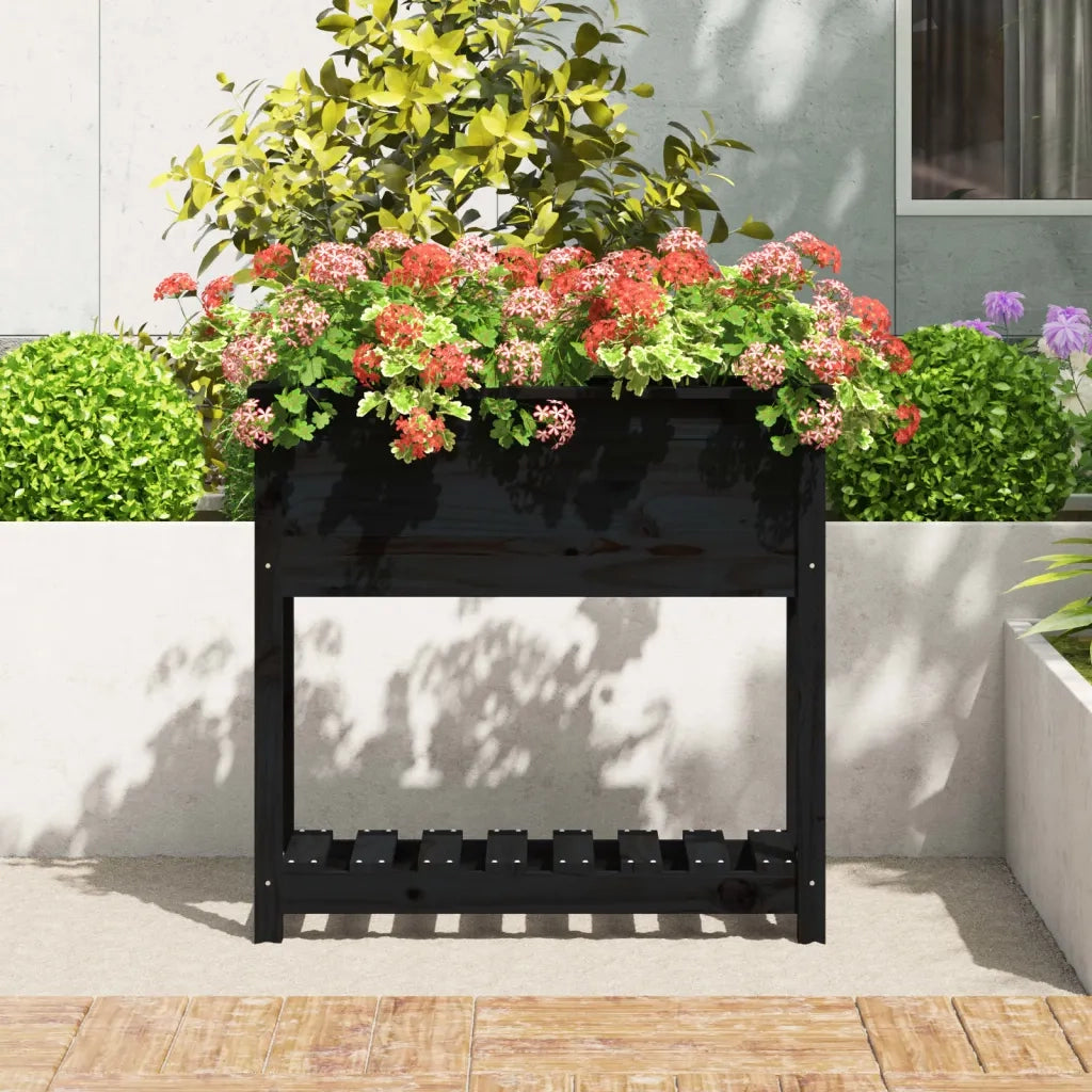 Fioriera | Cassetta per fiori | Vaso con Mensola Nera 82,5x34,5x81cm Legno Massello di Pino