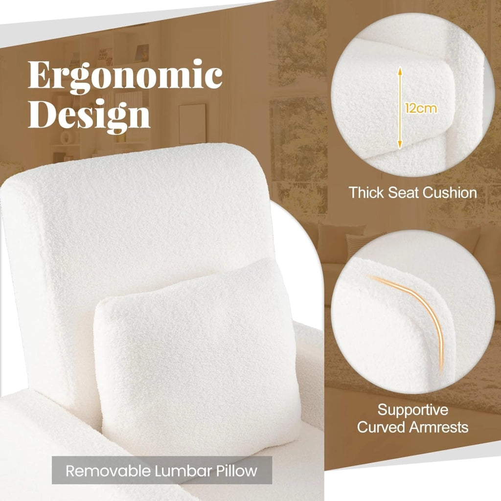 Poltrona Supplementare con superficie in pile Sherpa e cuscino spesso imbottito in spugna, sedia relax semplice con braccioli ergonomici, gambe di sostegno in legno di Heva, bianco