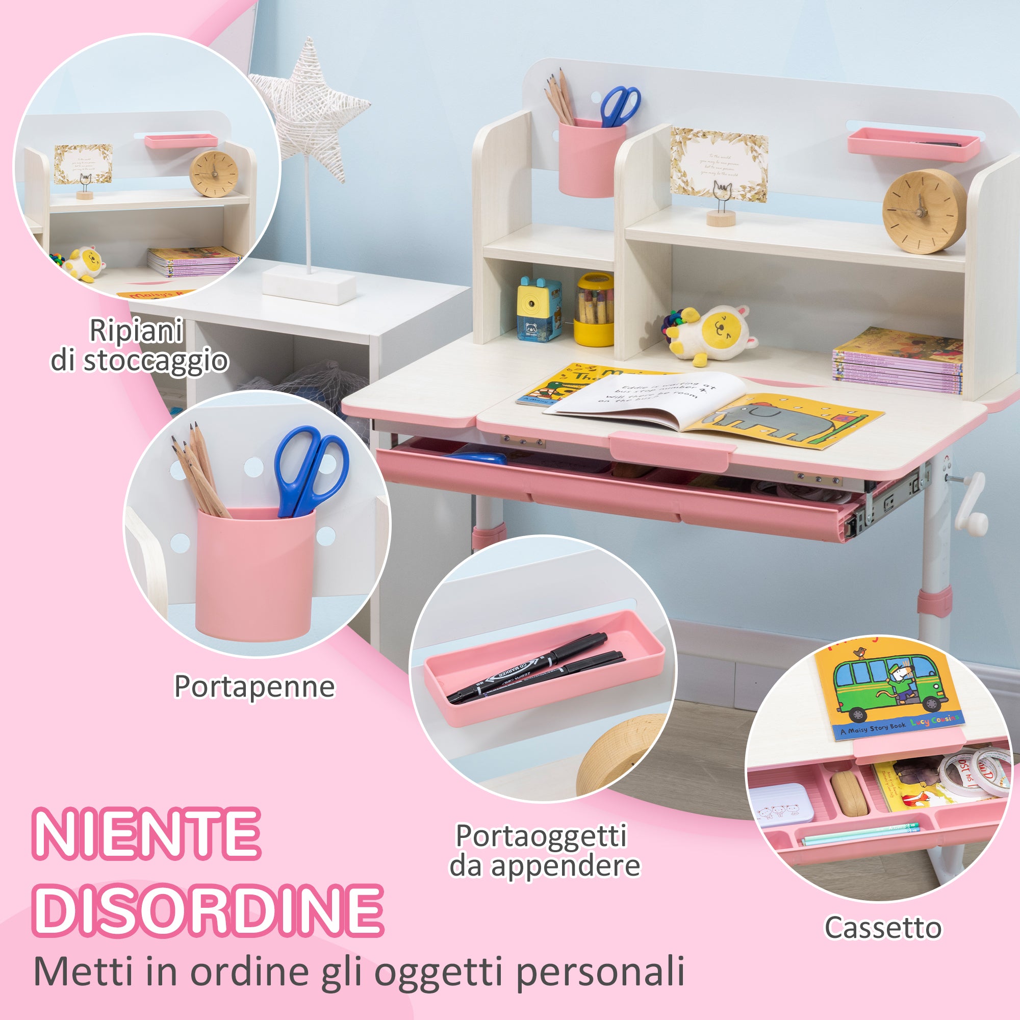 Set Scrivania e Sedia per Bambini da 3 Anni Regolabile Tavolo Inclinabile a 60° con Cassetto e Ripiani in PP e Acciaio