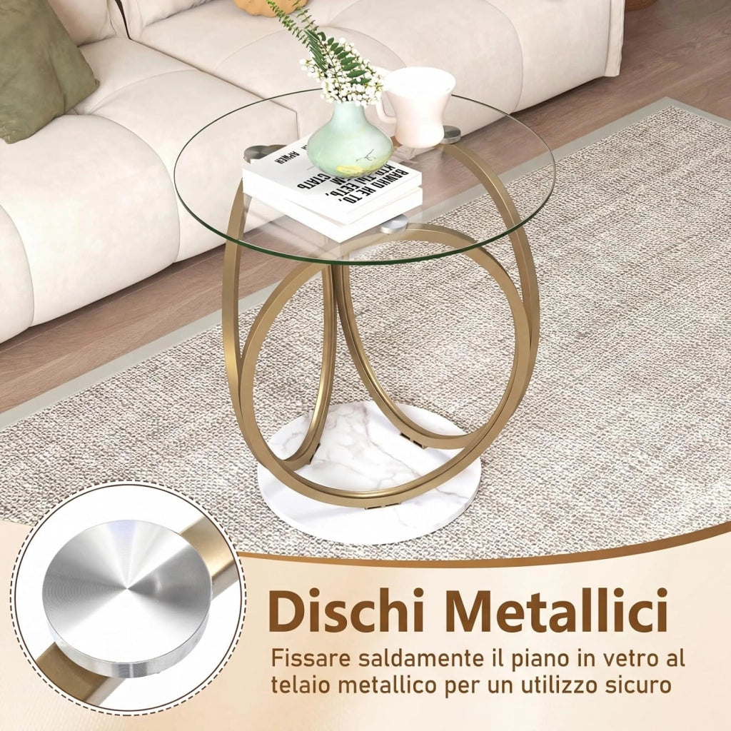 Tavolino da Salotto in Vetro, Tavolino da Caffè Rotondo con Struttura Geometrica ad Anello in Metallo Dorato a Forma di Cerchio, Tavolo Basso per Soggiorno, Ufficio e Studio
