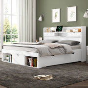 Letto multifunzionale 160x200 cm con USB, Type-C, cassetti e vani contenitore, bianco, senza materasso