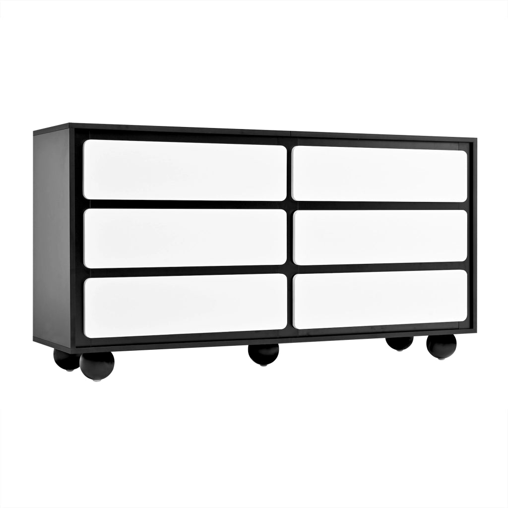Comò a 6 cassetti in truciolare con struttura nera e frontali bianchi, piedi in metallo, 140 × 38 × 74,5 cm