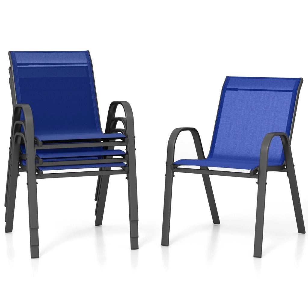 Set di 4 sedie da patio impilabili in metallo con braccioli, Sedie da pranzo in tessuto traspirante Blu-Sedie da esterno