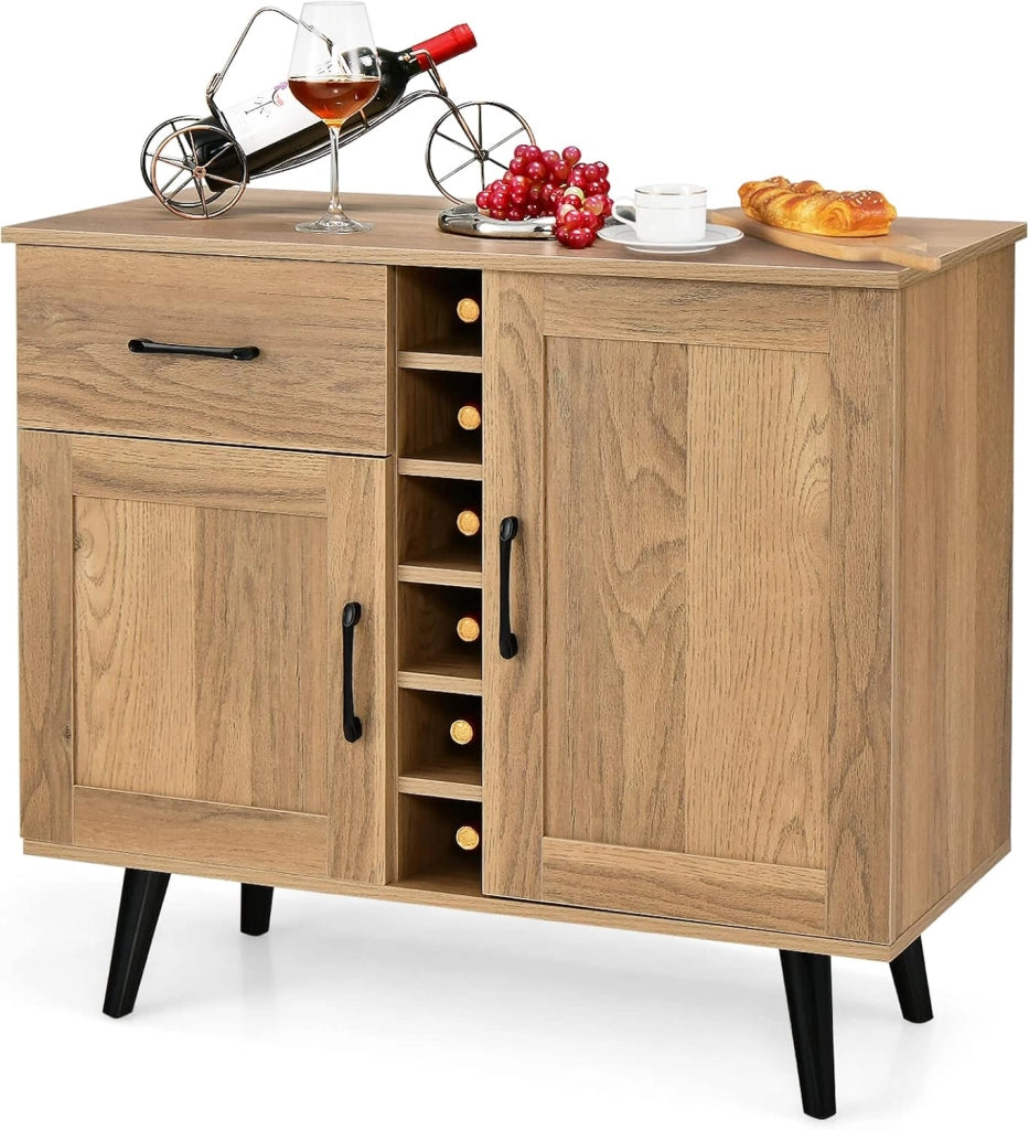 Credenza Buffet Mid Century, Cantinetta Porta bottiglie da 6 Vini, con Cassetto Estraibile e Ripiani Regolabili, Mobile Bar da Cucina e Soggiorno, 90 x 40 x 79 cm, Naturale
