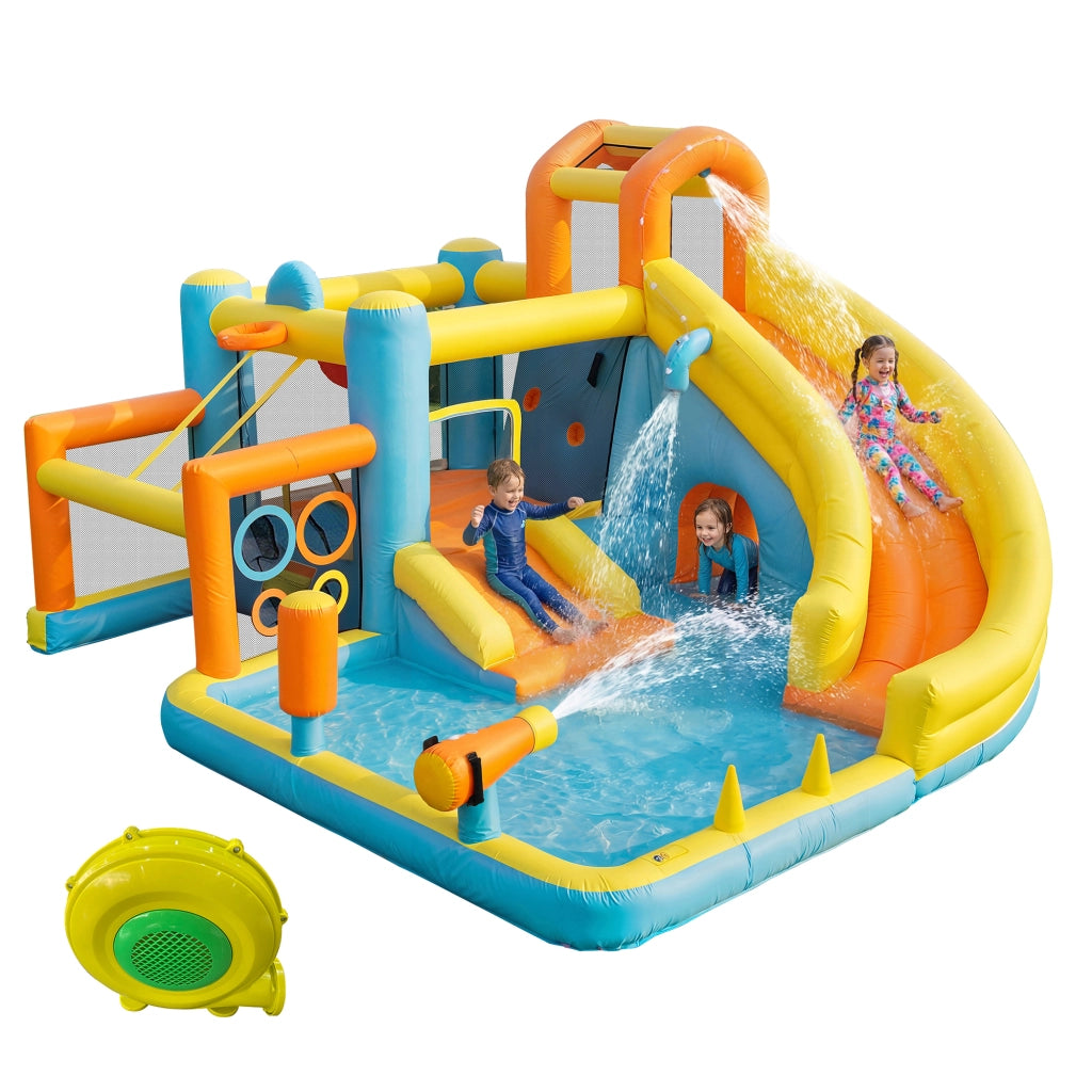 Castello gonfiabile con scivolo, piscina, campo da calcio e canestro in tessuto oxford colorato 360 × 320 × 200 cm